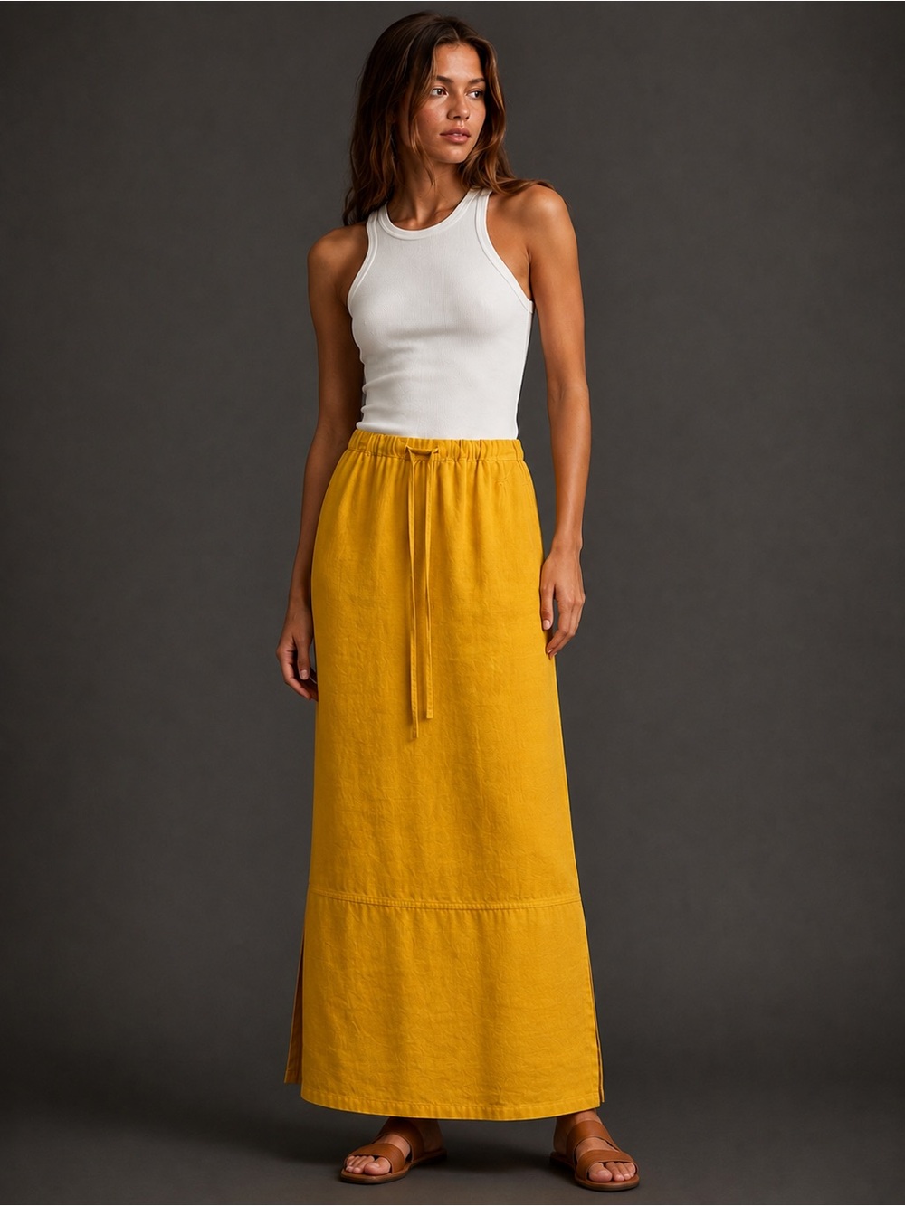 Vintage Jams World Linen Maxi Skirt M Sunflower Yellow Made in Hawaii pockets